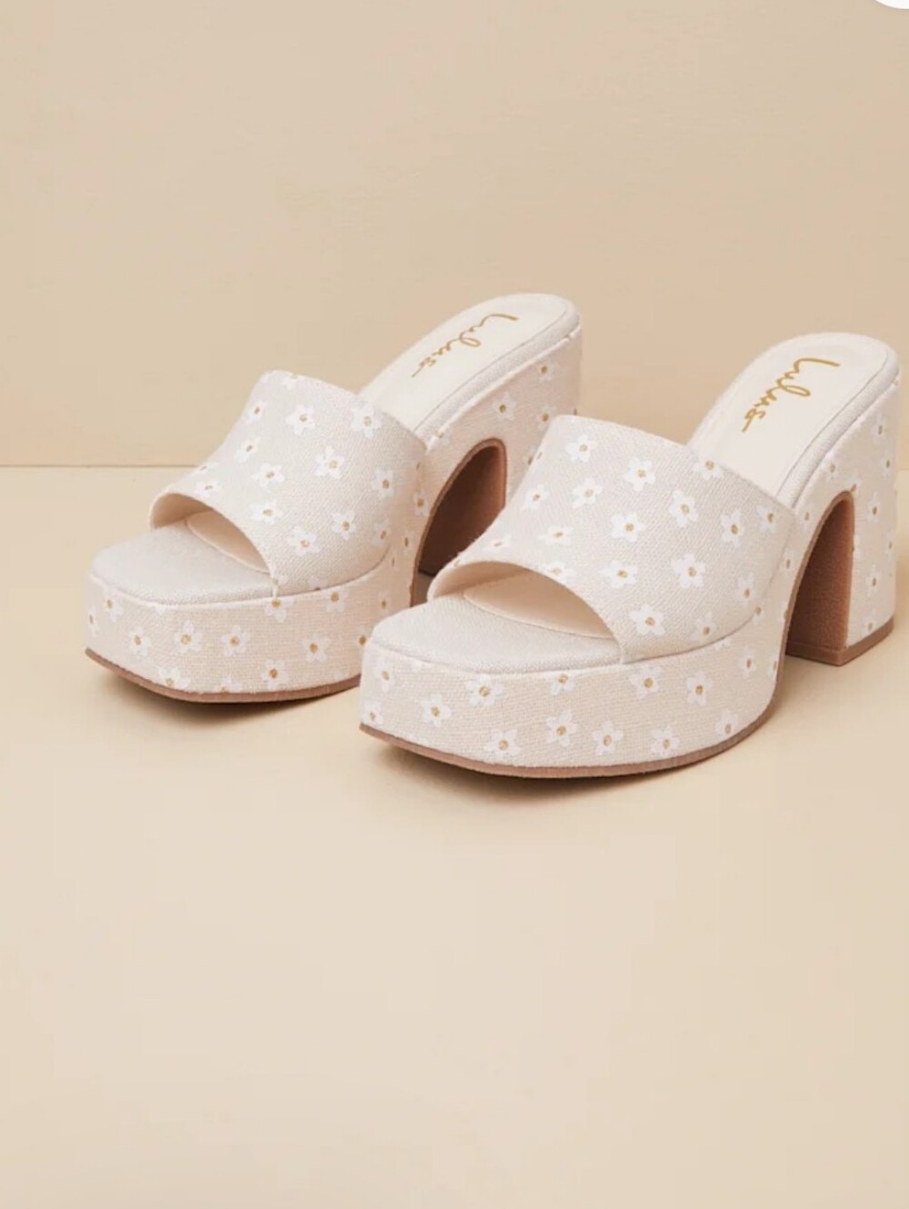 Lulus Drexel Beige Floral Platform Slide Sandals, Size 9, NWT